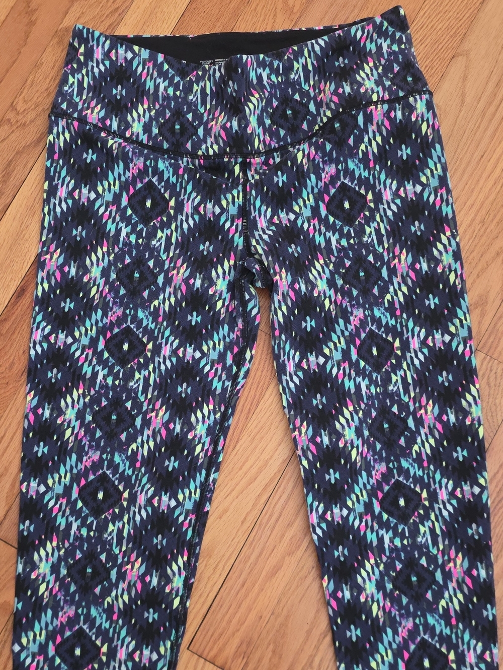 Victoria's Secret Black Leggings with Blue, Pink, Green & Purple Geo Print